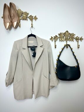 Women's Beige & White Striped Blazer Jacket